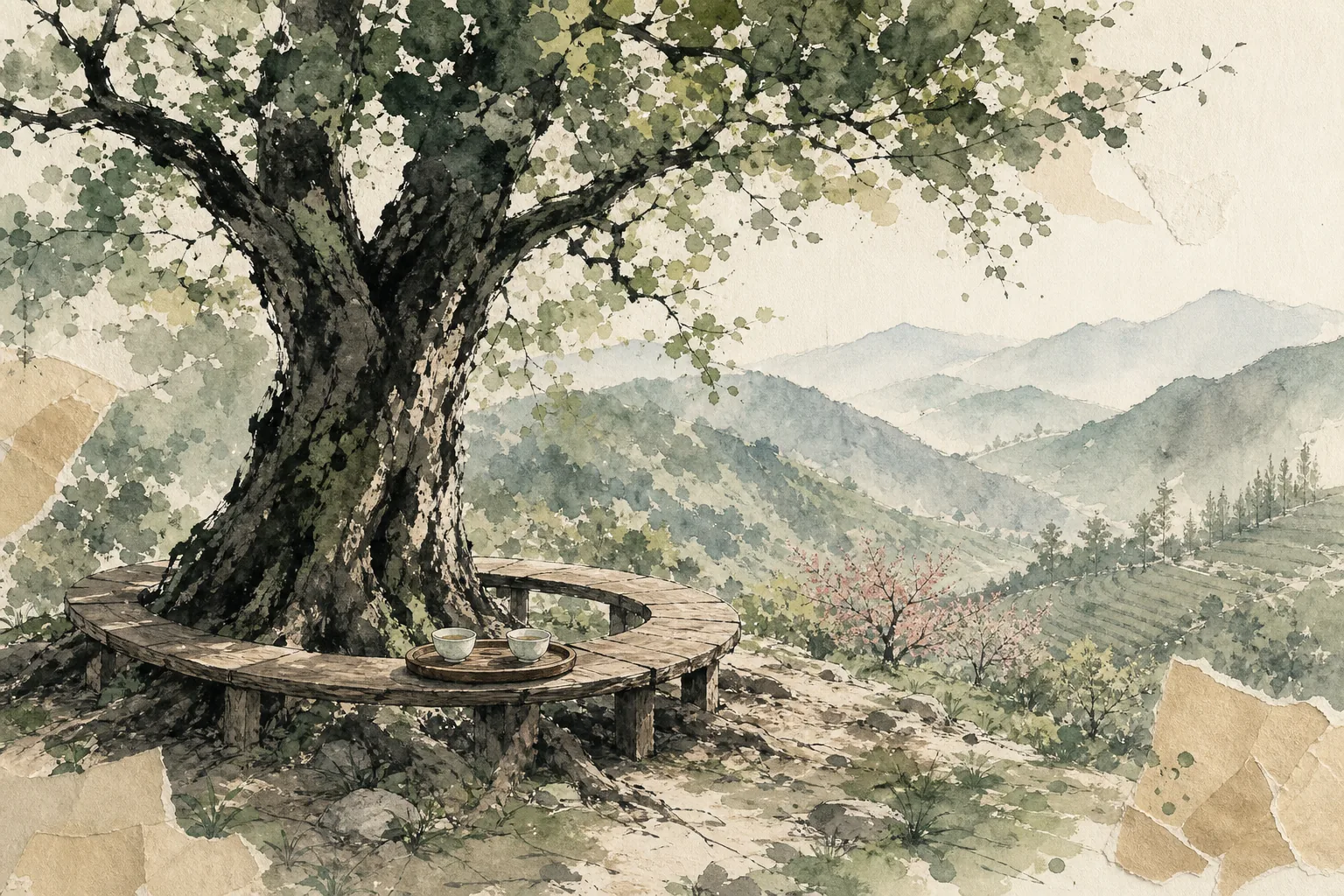 果树下两杯茶与山间步道的编辑插画